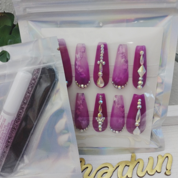 Full diamond set purple glow in the dark acrylic coffin nails - Picture 10 of 10